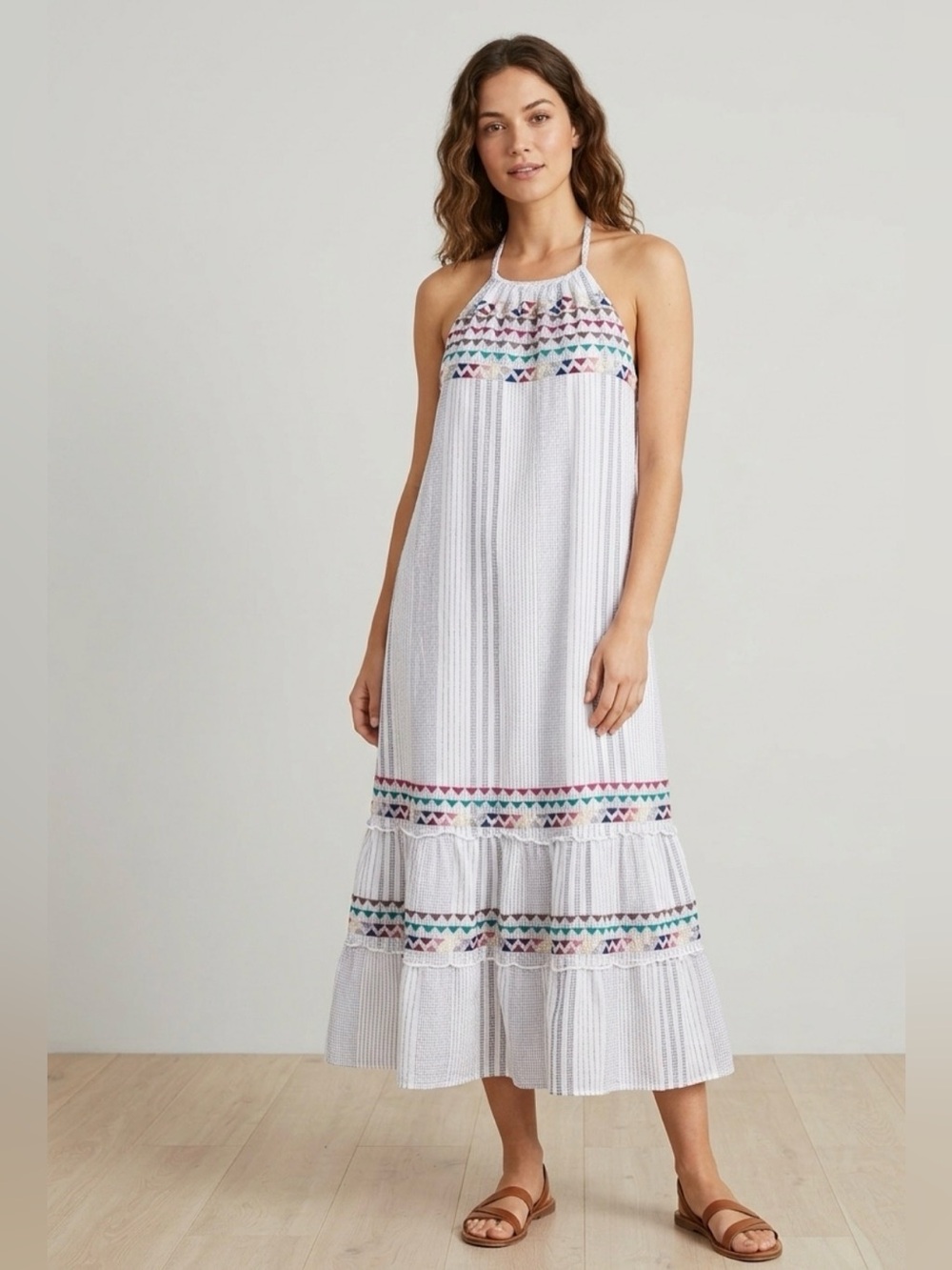 THML White Maxi Split neckline Dress with Multicolor Geometric Embroidery PTP 18